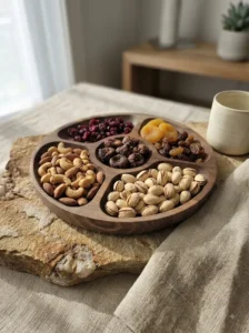 سینی سرو چوبی ماسون پر شده با انواع آجیل و خشکبار روی میز پذیرایی