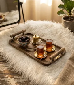 سینی چوبی پذیرایی گردو با چیدمان لوکس دکوراسیون