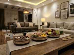 چیدمان ست سینی پذیرایی چوب و حصیر روی میز پذیرایی داخل منزل