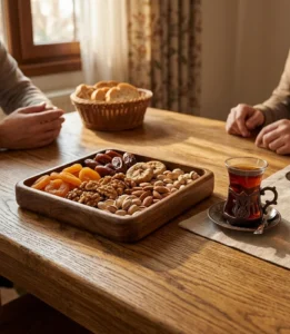 استفاده کاربردی از اردو خوری و شیرینی خوری چوبی مدل ریتا برای سرو تنقلات