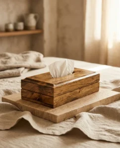 جا دستمال کاغذی چوبی فرین با دستمال کاغذی داخل آن