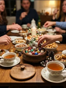 چیدمان میز پذیرایی با ظرف شکلات خوری چوبی ماسون در مهمانی