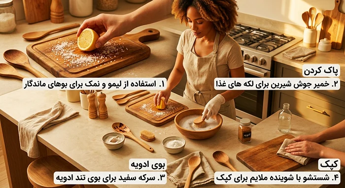 از بین بردن بوی بد ظروف چوبی؛ آموزش پاک کردن لکه، بوی ادویه و کپک
