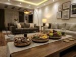 چیدمان ست سینی پذیرایی چوب و حصیر روی میز پذیرایی داخل منزل