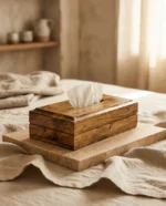 جا دستمال کاغذی چوبی فرین با دستمال کاغذی داخل آن