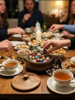چیدمان میز پذیرایی با ظرف شکلات خوری چوبی ماسون در مهمانی